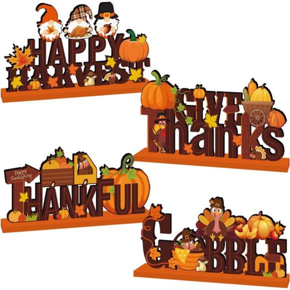 4Pcs Thanksgiving Table Decorations Wooden Centerpiece Happy Thanksgiving Party